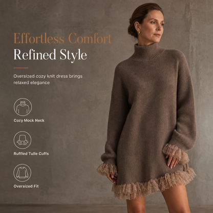 Oversized Mock Neck Knit Sweater Dress with Ruffle Tulle Trim