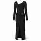 Women's Autumn Winter Solid Color Knit Texture Long Dress with Irregular Neckline