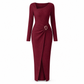 Women's Autumn Winter Solid Color Knit Texture Long Dress with Irregular Neckline