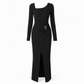 Women's Autumn Winter Solid Color Knit Texture Long Dress with Irregular Neckline
