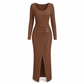 Women's Autumn Winter Solid Color Knit Texture Long Dress with Irregular Neckline
