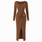 Women's Autumn Winter Solid Color Knit Texture Long Dress with Irregular Neckline