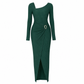 Women's Autumn Winter Solid Color Knit Texture Long Dress with Irregular Neckline