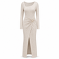 Women's Autumn Winter Solid Color Knit Texture Long Dress with Irregular Neckline