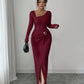 Women's Autumn Winter Solid Color Knit Texture Long Dress with Irregular Neckline