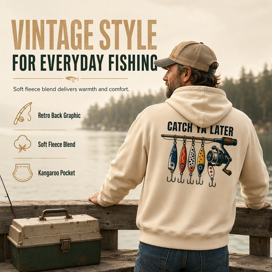 Men's Retro Fishing Graphic Hoodie Relaxed Fit Soft Cotton Blend Fleece Sweatshirt with Kangaroo Pocket