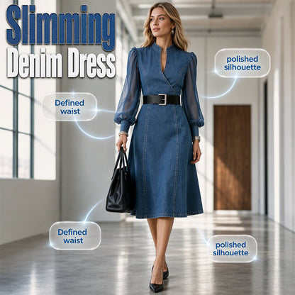 💖Black Friday Mega Deal – 50% off!💖 👗 Cinched Waist, Sheer Sleeve Detail | Women's Slimming Denim Dress