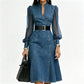 💖Black Friday Mega Deal – 50% off!💖 👗 Cinched Waist, Sheer Sleeve Detail | Women's Slimming Denim Dress