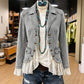 Veste en jean pour femme à col tailleur et ourlet en dentelle