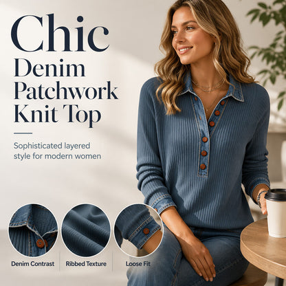 🔥Hot Sale-50% OFF🩵Women's Denim Collar Long Sleeve Patchwork Knit Top