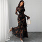Floral Print Sheer Mesh Ruffle Hem Maxi Dress