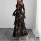 Floral Print Sheer Mesh Ruffle Hem Maxi Dress