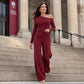 Women's Off-Shoulder Long Sleeve Top & Wide-Leg Pants Set