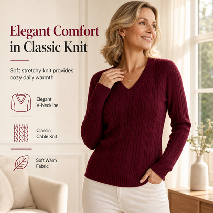 Women's V-Neck Cable Knit Sweater Long Sleeve Soft Warm Knitted Pullover