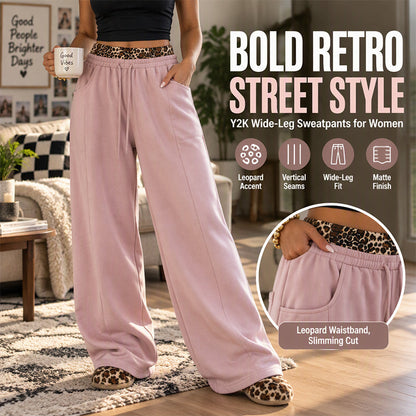 🐆Women’s Contrast Leopard Waistband Wide Leg Sweatpants, Soft Casual Patchwork Trousers👖