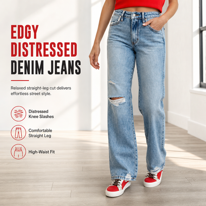 🖤Women's High Waisted Ripped Wide Leg Denim Jeans Distressed Straight Pants