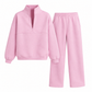 Casual Two Piece Pants Set Solid Color Zip Lapel Collar Top and Long Trousers Outfit for Autumn and Winter
