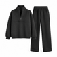 Casual Two Piece Pants Set Solid Color Zip Lapel Collar Top and Long Trousers Outfit for Autumn and Winter