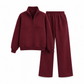 Casual Two Piece Pants Set Solid Color Zip Lapel Collar Top and Long Trousers Outfit for Autumn and Winter