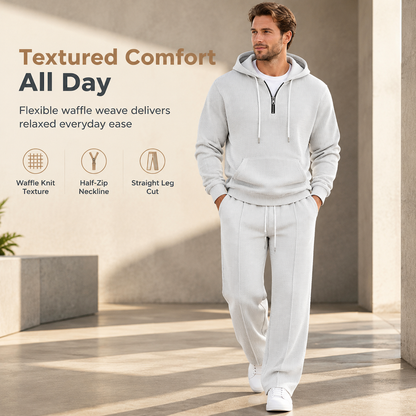 Men's Casual 2 Piece Waffle Knit Tracksuit Set Half Zip Hoodie and Straight Leg Pants