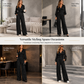Women's Two Piece Outfit Fall Winter Deep V Neck Lantern Sleeve Pleated Top and Wide Leg Pants with Pockets