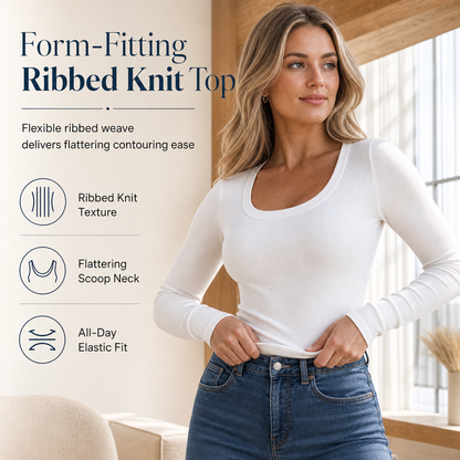 Women's Square Neck Long Sleeve Ribbed Knit Slim Fit T-Shirt