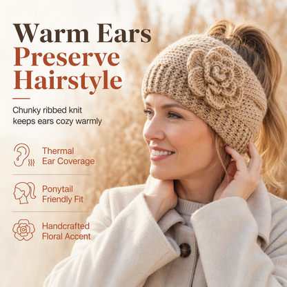 🎀 Cozy Ear Coverage, Sweet Style Accent | Women Winter Warm Knitted Ear Warmer Headband Wide Floral Hair Accessory