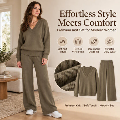 Women's Knit V-Neck Sweater & Wide-Leg Pants Set