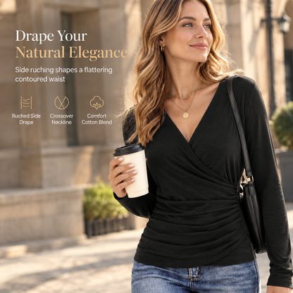 Women's Slim Fit V Neck Long Sleeve Ruched Waist Top for Spring and Autumn