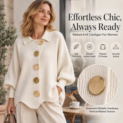 Women's Elegant Lapel Knit Cardigan with Gold Buttons
