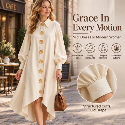 ✨ Retro Charm, Feminine Sleeve Volume | Women's Vintage Button Up Dress with Bubble Sleeves