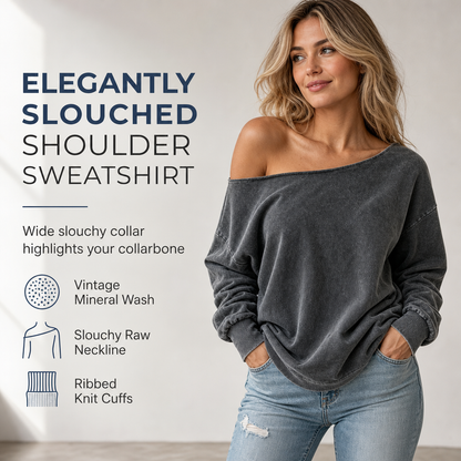 Women's Casual Off Shoulder Mineral Wash Oversized Slouchy Sweatshirt