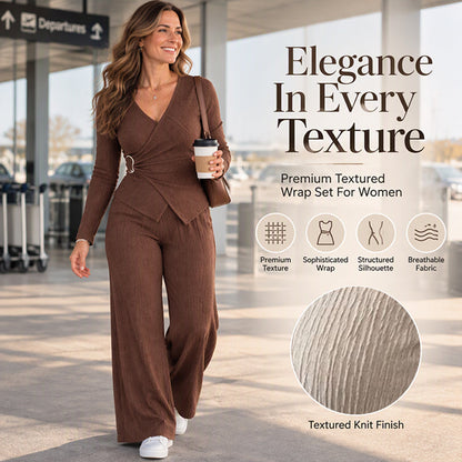 Women's Textured Asymmetric Wrap Top & Wide-Leg Pants Set